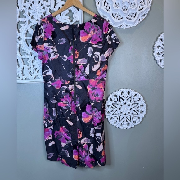 Banana Republic Watercolor Floral Sheath Dress 14 Linen Rayon Black Purple Zip - Picture 4 of 7